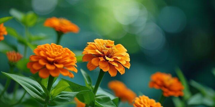 Vibrant orange zinnias complement a lush green backdrop with stunning elegance.