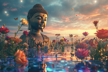 a big glowing golden buddha statue with glowing nature background, multicolor flowers, butterflies - obrazy, fototapety, plakaty