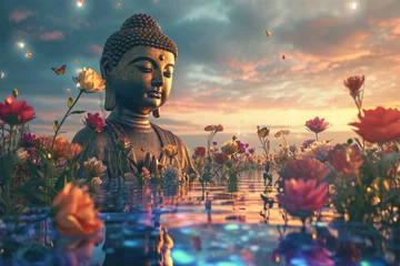 Tuinposter a big glowing golden buddha statue with glowing nature background, multicolor flowers, butterflies © Kien