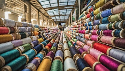 colorful beads on the market.a visually captivating digital scene featuring rows of neatly arranged spools of thread, each displaying the rich and varied colors of embroidery thread commonly found in 