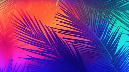 Obraz premium A pink and blue palm tree leaf is shown Neon palm leaves background