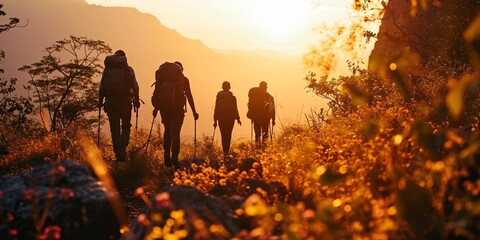 Four youthful explorers with knapsacks hike through the mountains during sunset.