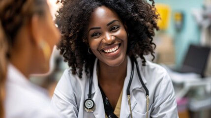 A cheerful nurse or physician discussing test outcomes or guidance with a mature individual in a hospital setting for medical support or feedback.
