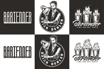 Bartender design with shot with fire and shaker for bartending school. Vector emblem set of chromed metal equipment or cocktail bar tool for barman or barkeep