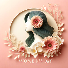 International Women's day  greeting card with women face and flowers.