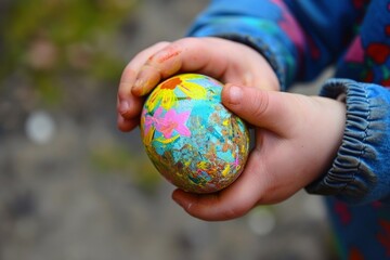 A child's hand holding colorful easter egg, concept of easter holiday and religion.