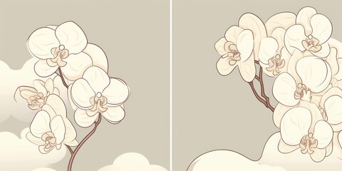 Ivory orchid and cloud cute square pattern, in the style of minimalist line drawings