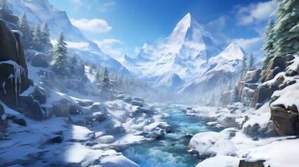 A vast mountainous landscape with snow-capped peaks, illuminated by the soft glow of the midday sun  -Generative Ai
