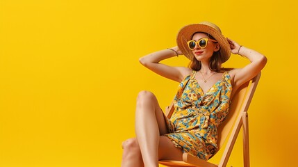 A serene young lady in summery attire lounges in a deckchair, with hands resting behind her neck, against a solid yellow backdrop.  - obrazy, fototapety, plakaty