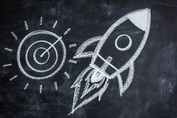 Rocket and target drawn with chalk on blackboard background, business and startup concept.