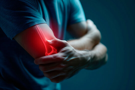 Elbow Injury Pain Or Trauma, Man Touch His Painful Elbow, Problem With Broken Arm Bones And Joints