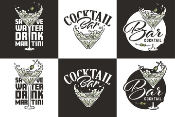 Fototapeta premium Martini vector set with olives and splashes for alcohol cocktail bar or drink party. Logo designs with glasses of martini for bartender or barman