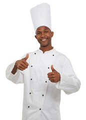 Black man, chef and portrait with thumbs up, happy and confident guy on white studio background. African person, culinary expert and mockup space with career, food industry and employee uniform