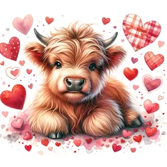 Poster de jardin Highlander écossais cute baby highland cow watercolor illustration