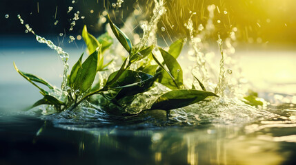 Naklejka premium Tea Leaves Unfurling: The Graceful Dance of Nature