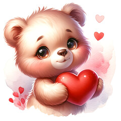 baby bear holding a heart cute watercolor illustration