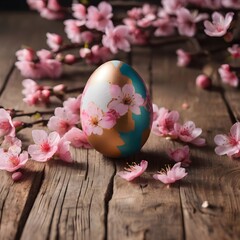 Obraz na płótnie Canvas A beautifully drawn (((Easter egg))), intricate details and colors complemented by delicate ((pink cherry blossoms)), set against a (distressed wooden table) with plenty of ((copy space)) around it