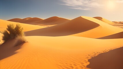 Landscape of golden sand dune with blue sky and sun in the desert, AI generation - obrazy, fototapety, plakaty