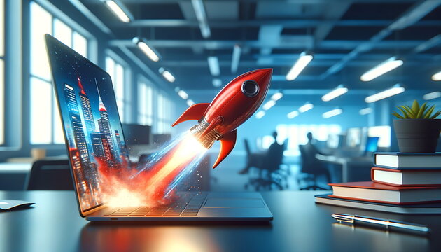 Digital illustration of  launching space rocket from laptop screen. a graph that grows positively and shoots high. using blue and cool ambient tones