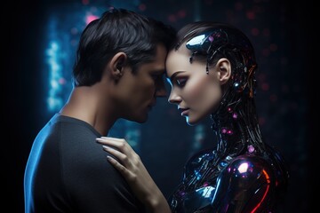 A man hugs a robot woman, tender feelings between a person and a machine, a robot