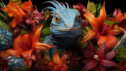 A vibrant lizard camouflaged among the vibrant flowers in a tropical rainforest -Generative Ai