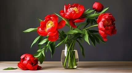 A large bouquet of red peonies with green leaves in a vase. Empty background, vintage charming style. Generative AI