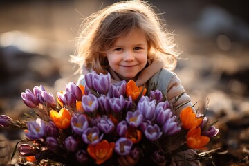 A cheerful smiling girl holds a bouquet of crocuses in her hands