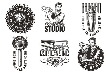 Bartender design with hawthorne strainer and boston shaker for bartending school. Vector emblem set of chromed metal equipment or cocktail bar tool for barman or barkeep