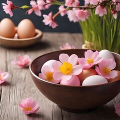 Fototapeta na wymiar Easter eggs in a bowl with pink sakura flowers on a wooden table with copy space 