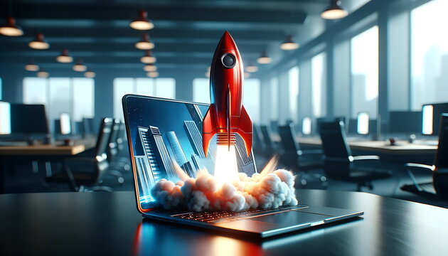 Digital illustration of  launching space rocket from laptop screen. a graph that grows positively and shoots high. using blue and cool ambient tones