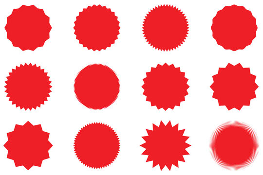 Set of red price sticker, sale or discount sticker, sunburst badges icon. Stars shape with different number of rays. Special offer price tag. Red starburst Promotional sticky notes and labels.