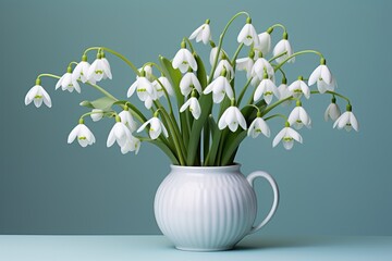 A bouquet of white snowdrops in a small pot on a table in a minimalist style