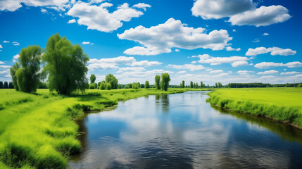 Fototapeta premium Beautiful spring landscape with river and blue sky with white clouds