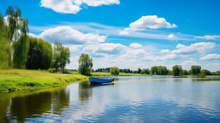 Boat on the lake with green trees and blue sky with clouds