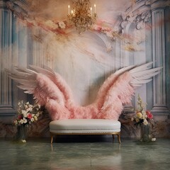 Angel Wing Photo Backdrop: Ethereal Elegance, Pink and White Hues, Floral Accents, Mansion Surroundings, Heavenly Setting, Serene Beauty, Winged Fantasy, Dreamlike Background

