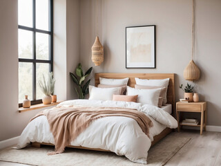Fototapeta na wymiar Bed with yellow pillows. interior design of modern bedroom, Simple minimal and Boho style