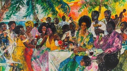 Obraz premium Painting of a Multigenerational Family Enjoying a Garden Picnic Generative AI