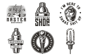 Bartender design with boston shaker with fire and bottle stopper for bartending school. Vector emblem set of chromed metal equipment or cocktail bar tool for barman or barkeep