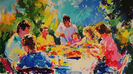 Fototapeta premium Painting of a Group of People Sitting Around a Table Celebrating Generative AI