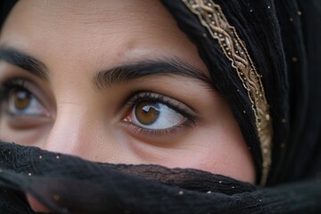 Naklejka premium Close up of a beautiful Muslim woman's face, culture and religion concept.