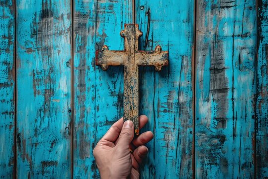 Hand holding cross on blue wooden background concept of faith and Easter.