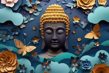 Fototapete Rund a big glowing golden buddha statue with glowing nature background, multicolor paper flowers, butterflies © Kien