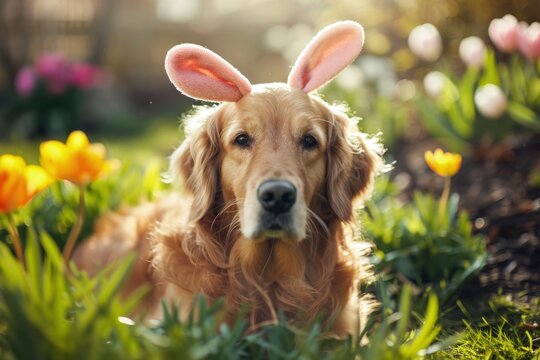 Dog with easter bunny ears, easter holiday and religion concept.
