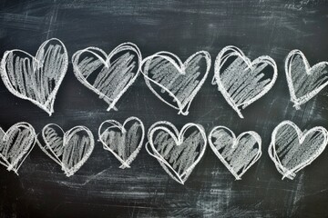 Several hearts drawn with chalk on a blackboard.