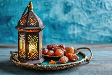 Moroccan lantern and plate with dry dates, Ramadan celebration, blue background.