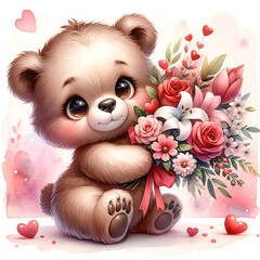 cute teddy bear holding a bouquet of flowers, watercolor illustration