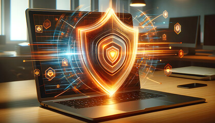 A laptop has a screen lock in the form of a cyber security shield, glow effect, and data protection concept.