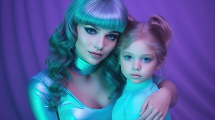 Obraz premium Mother and daughter high fashion shoot in galagram futuristic colors.