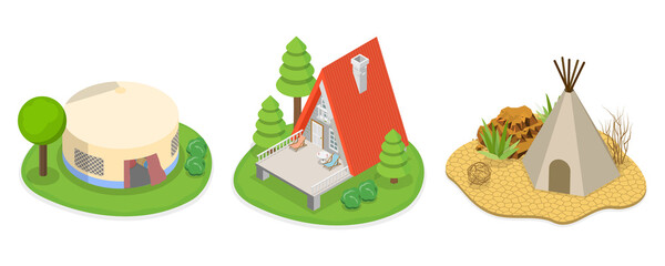 3D Isometric Flat  Set of Glamping Resorts, Luxury Camping © TarikVision