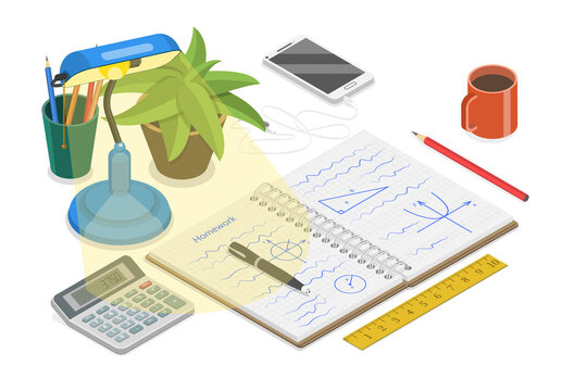 3D Isometric Flat  Conceptual Illustration of Doing Homework, Studying Student